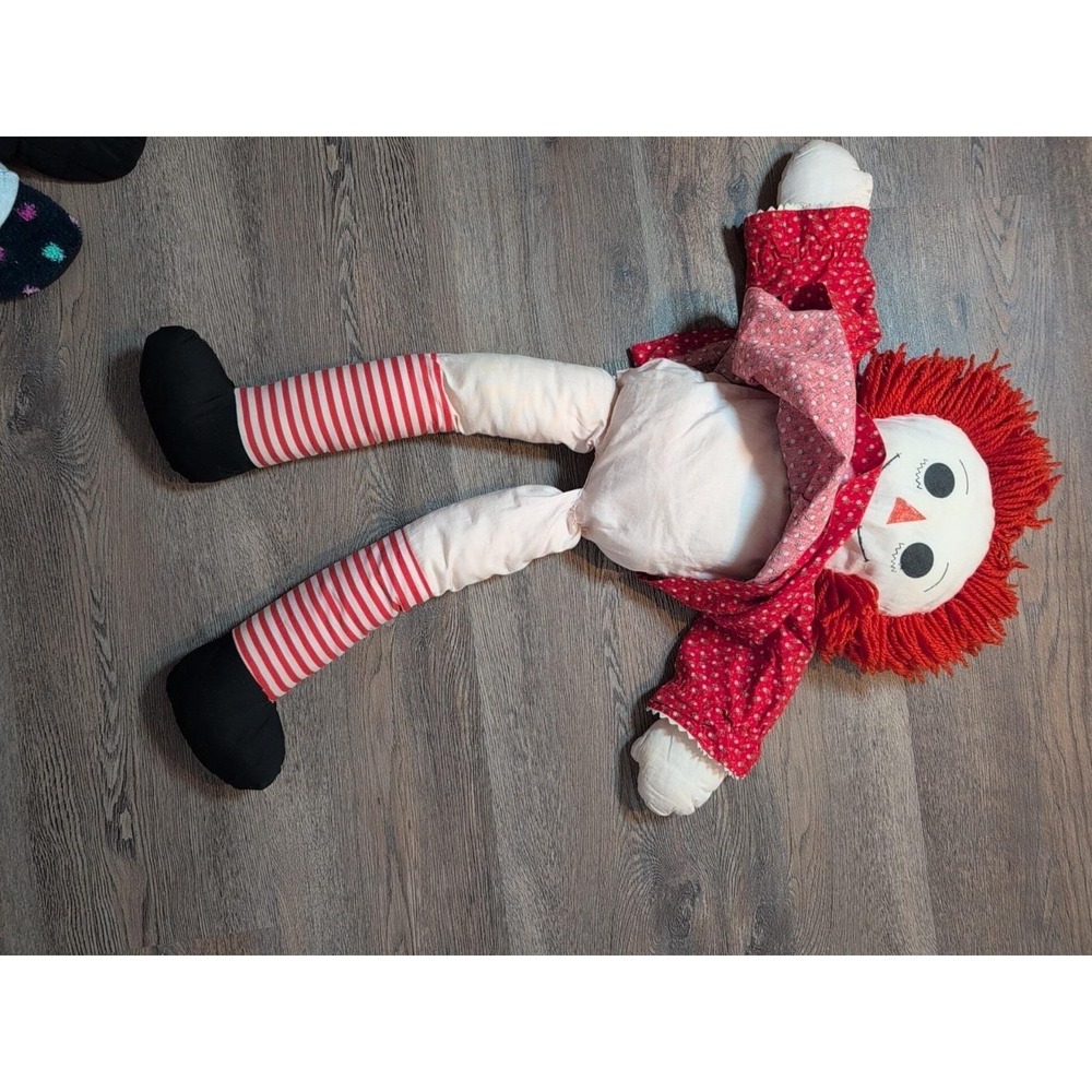 Vintage Raggedy Ann Handmade Rag Doll Red Floral Dress Yarn Hair 36 Inch - Picture 9 of 16